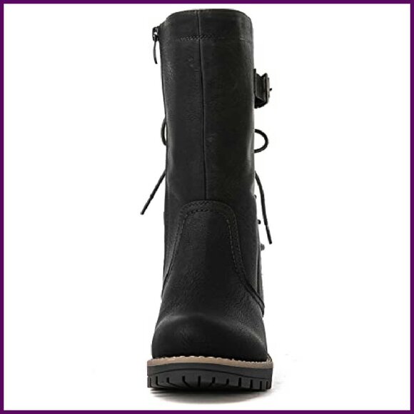 Women's Mid Calf Motorcycle Boots Lace Up Side Zipper Combat Riding - Picture 5 of 8